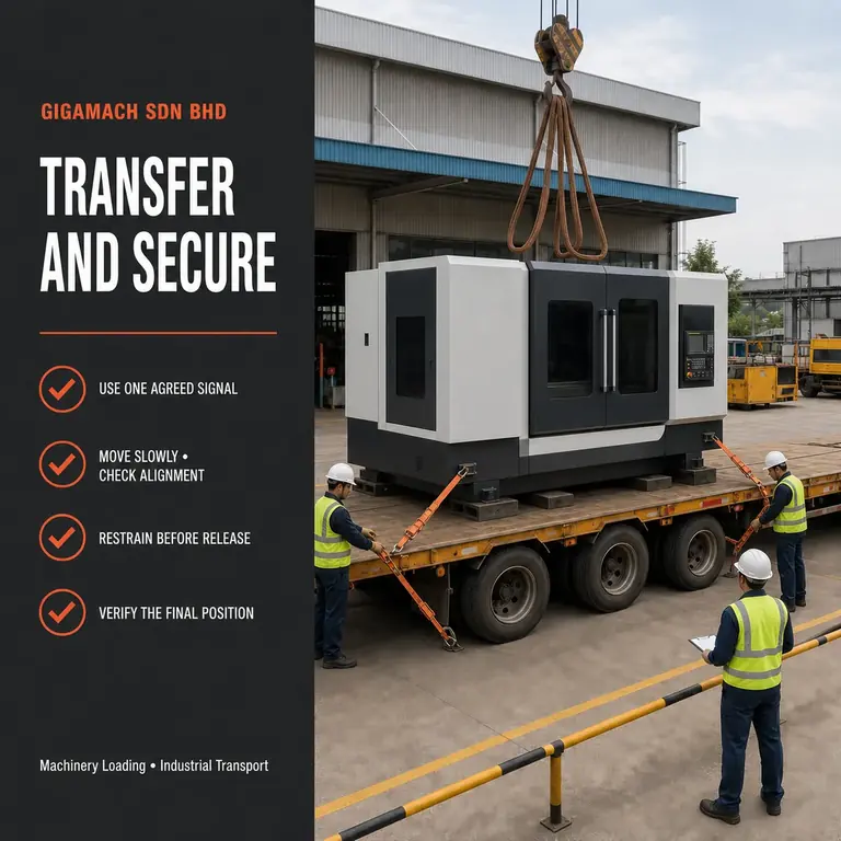 Educational guide to transferring and securing heavy machinery on a trailer.
