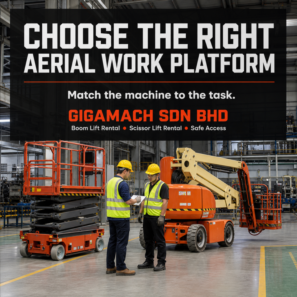 Educational illustration comparing scissor lift and boom lift selection for industrial work at height.